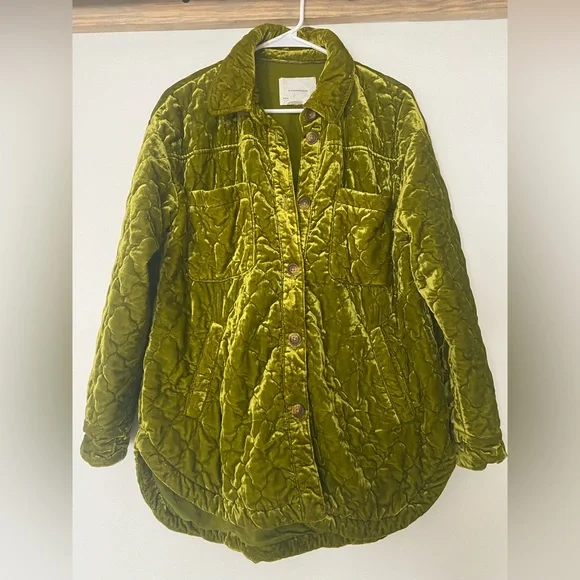 Anthropologie Quilted Velvet Shirt Jacket Size S Green Chartreuse - Picture 3 of 6